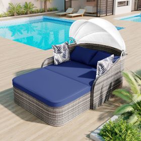 79.9" Outdoor Sunbed with Adjustable Canopy;  Double lounge;  PE Rattan Daybed (Color: Blue+Grey)